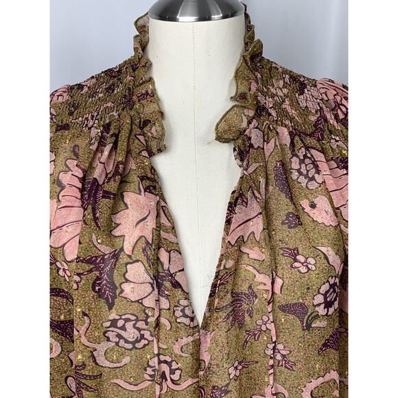 o.p.t One Pretty Time Smocked Tie Peasant Blouse Floral Metallic Threads size XS - Picture 2 of 15